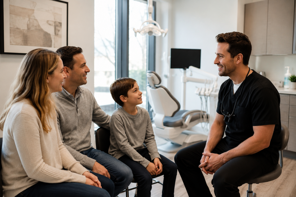 Dentist discussing personalized family dental care with parents and child during a new patient consultation.