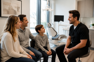 Dentist discussing personalized family dental care with parents and child during a new patient consultation.