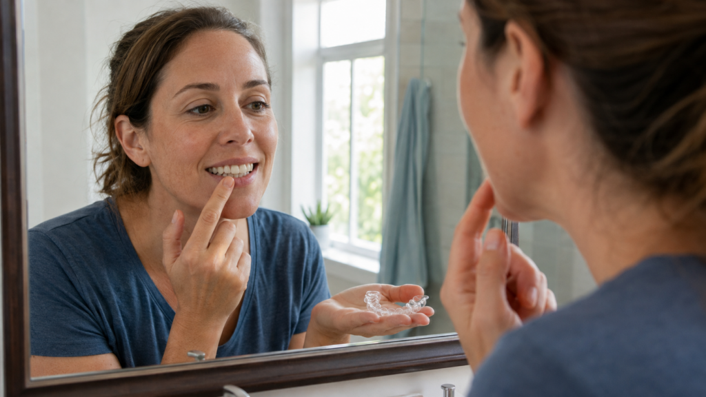 Adult checking subtle tooth movement in the mirror while holding a clear orthodontic retainer.